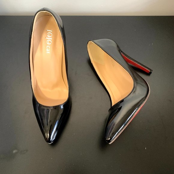 Shiny Black Red Bottom Stiletto Heels - Picture 3 of 10